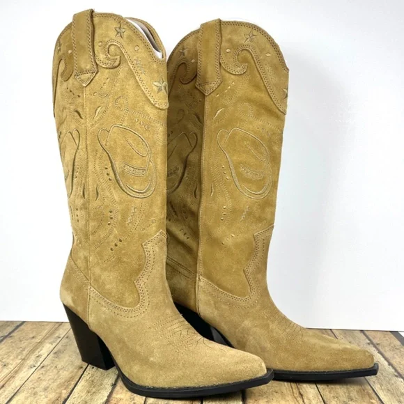 Zara Embroidered Taupe/Tan Suede 15.5” Pull-On Boots, Size 7.5 - Picture 2 of 15